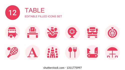table icon set. Collection of 12 filled table icons included Ice cream cart, Workplace, Picnic, Roulette, Tv table, Tennis, Font, Meeting, Cutlery, Jackknife, Picnic