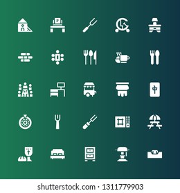 table icon set. Collection of 25 filled table icons included Desk, Desk lamp, Cabinet, Double bed, Last supper, Picnic, Editor, Fork, Roulette, Mahjong, Silkscreen, Ice cream cart