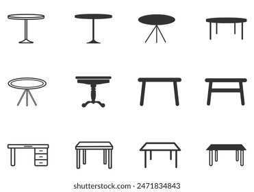 table icon. Set of table, Folding table icon, Round table with chairs icon. Vector illustration.