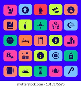 table icon set with soda, school bell and parcel four directions vector illustration