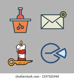 table icon set. vector set about envelope, candle, wine and pie chart icons set.