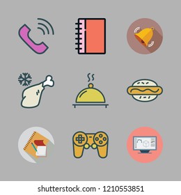 table icon set. vector set about bell, school material, meat and supper icons set.