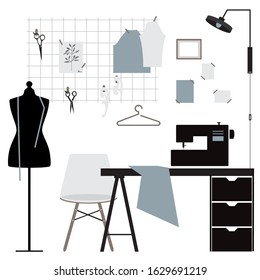 Table icon. Sewing, handmade, hobby. Cozy and comfortable workplace, office, minimalist scandinavian interior, freelance. Sweet Home. Great for postcards, textiles, stickers. Isolated white background