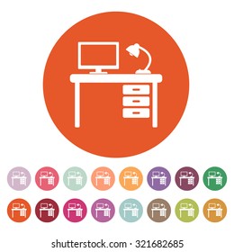 The table icon. Workplace and job, office, working symbol. Flat Vector illustration. Button Set