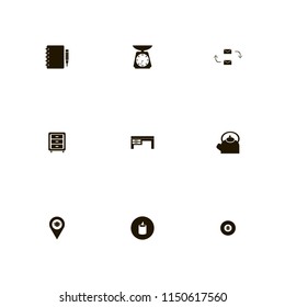 table icons. desk, notebook pencil, location restaurant and nightstand vector icons set