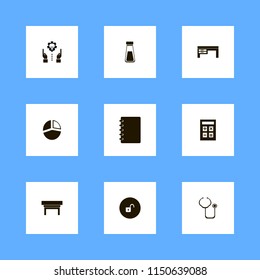 table icons. nightstand, calculator, salt shaker and open lock vector icons set