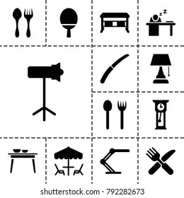 Table icons. set of 13 editable filled table icons such as office desk, fork and spoon, fork and knife, gardening knife, studio lapm, pendulum
