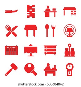table icons set. Set of 16 table filled icons such as nightstand, office desk, fork and knife, gardening knife, pepper, knife, pendulum, domino