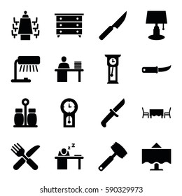 table icons set. Set of 16 table filled icons such as nightstand, fork and knife, gardening knife, meeting, pepper, knife