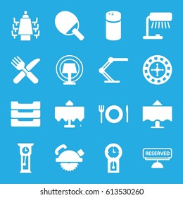 Table icons set. set of 16 table filled icons such as pepper, Roulette, saw blade, fork and knife, meeting, plate fork and spoon, reserved, pendulum