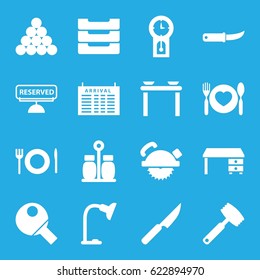 Table icons set. set of 16 table filled icons such as office desk, saw blade, gardening knife, plate with spoon and fork, plate fork and spoon, reserved, pepper, knife