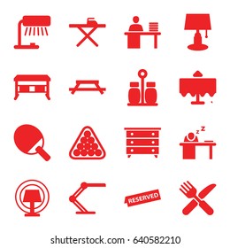 Table icons set. set of 16 table filled icons such as nightstand, billiards, fork and knife, reserved, pepper, office desk
