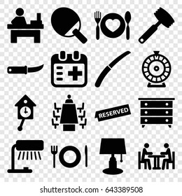 Table icons set. set of 16 table filled icons such as nightstand, roulette, gardening knife, plate with spoon and fork, medical appointment, meeting, plate fork and spoon