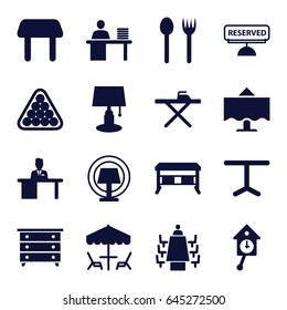 Table icons set. set of 16 table filled icons such as nightstand, billiards, meeting, reserved, pendulum, fork and spoon
