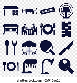 Table icons set. set of 16 table filled icons such as office desk, plate with spoon and fork, meeting, plate fork and spoon, reserved, knife, domino, fork and spoon