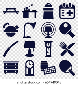 Table icons set. set of 16 table filled icons such as nightstand, saw blade, pepper, fork and knife, gardening knife, medical appointment, pendulum, lotto
