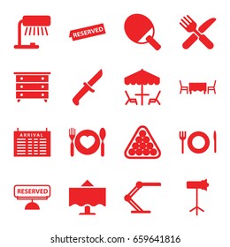 Table icons set. set of 16 table filled icons such as nightstand, billiards, fork and knife, plate with spoon and fork, studio lapm, plate fork and spoon, reserved, knife