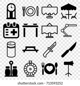 Table icons set. set of 16 table filled and outline icons such as plate with spoon and fork, medical appointment, studio lapm, pepper, knife, pendulum