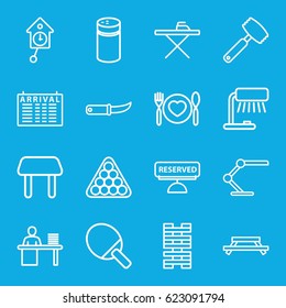 Table icons set. set of 16 table outline icons such as pepper, billiards, gardening knife, plate with spoon and fork, reserved, knife, pendulum, ping pong racket