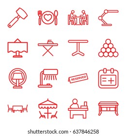 Table icons set. set of 16 table outline icons such as plate with spoon and fork, medical appointment, meeting, reserved, knife, office desk