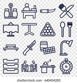 Table icons set. set of 16 table outline icons such as roulette, billiards, fork and knife, gardening knife, meeting, pepper, knife, lotto