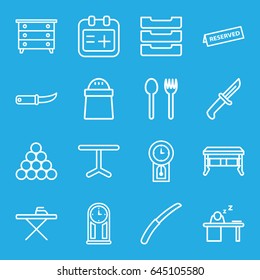 Table icons set. set of 16 table outline icons such as nightstand, pepper, gardening knife, medical appointment, reserved, pendulum, knife, office desk, biliard triangle