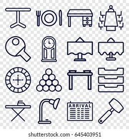 Table icons set. set of 16 table outline icons such as roulette, office desk, meeting, plate fork and spoon, knife, pendulum