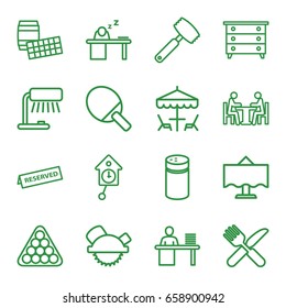 Table icons set. set of 16 table outline icons such as pepper, nightstand, billiards, saw blade, fork and knife, meeting, reserved, knife, pendulum, ping pong racket