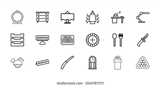 Table icons. set of 18 editable outline table icons: nightstand, roulette, fork and spoon, gardening knife, meeting, reserved, pendulum, knife, billiards, saw blade