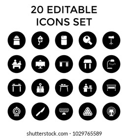 Table icons. set of 20 editable filled table icons such as roulette, pepper, studio lapm, reserved, knife, pendulum, billiards. best quality table elements in trendy style.