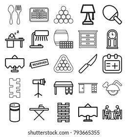 Table icons. set of 25 editable outline table icons such as pepper, office desk, domino, ping pong racket, medical appointment, meeting, studio lapm, reserved, knife, pendulum