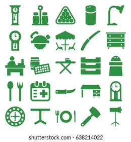 Table icons set. set of 25 table filled icons such as pepper, nightstand, roulette, billiards, office desk, saw blade, gardening knife, medical appointment, studio lapm