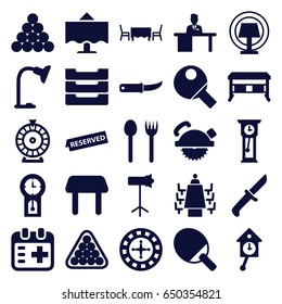 Table icons set. set of 25 table filled icons such as roulette, billiards, saw blade, gardening knife, medical appointment, meeting, studio lapm, reserved, pendulum, knife