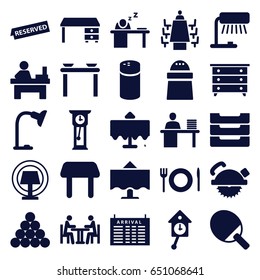 Table icons set. set of 25 table filled icons such as pepper, nightstand, office desk, saw blade, meeting, plate fork and spoon, reserved, pendulum, biliard triangle