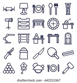 Table icons set. set of 25 table outline icons such as nightstand, roulette, saw blade, pepper, plate with spoon and fork, studio lapm, plate fork and spoon, reserved, knife