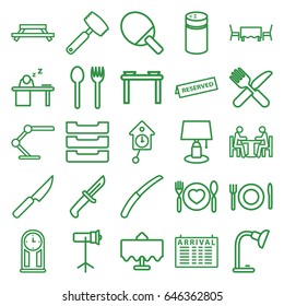 Table icons set. set of 25 table outline icons such as pepper, fork and knife, gardening knife, plate with spoon and fork, meeting, studio lapm, reserved, knife, pendulum