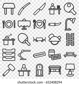 Table icons set. set of 25 table outline icons such as saw blade, gardening knife, plate with spoon and fork, plate fork and spoon, reserved, knife, pendulum, office desk