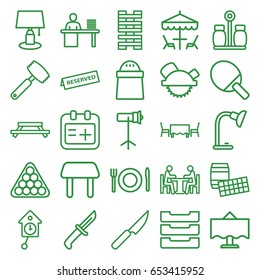 Table icons set. set of 25 table outline icons such as billiards, saw blade, pepper, medical appointment, meeting, studio lapm, plate fork and spoon, reserved, knife, pendulum
