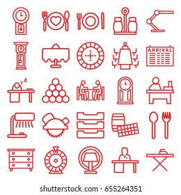 Table icons set. set of 25 table outline icons such as nightstand, roulette, saw blade, plate with spoon and fork, meeting, plate fork and spoon, pepper, pendulum