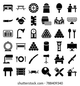 Table icons. set of 36 editable filled table icons such as pepper, nightstand, roulette, office desk, biliard triangle, fork and spoon, fork and knife, gardening knife