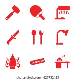 Table icons set. set of 9 table filled icons such as meeting, reserved, knife, fork and spoon