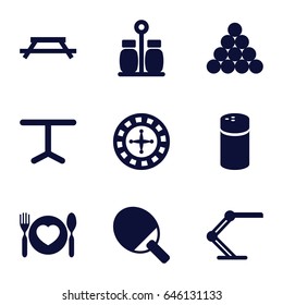 Table icons set. set of 9 table filled icons such as pepper, roulette, plate with spoon and fork, biliard triangle