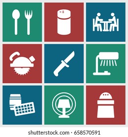Table icons set. set of 9 table filled icons such as pepper, saw blade, meeting, table lamp, knife, lotto