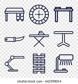 Table icons set. set of 9 table outline icons such as roulette, office desk, gardening knife