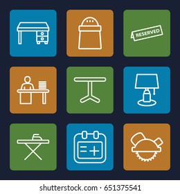 Table icons set. set of 9 table outline icons such as office desk, saw blade, pepper, medical appointment