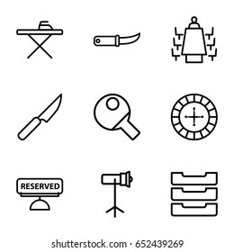 Table icons set. set of 9 table outline icons such as roulette, gardening knife, meeting, studio lapm, reserved