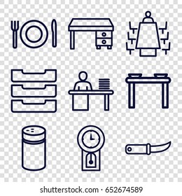 Table icons set. set of 9 table outline icons such as pepper, office desk, gardening knife, meeting, plate fork and spoon