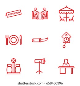 Table icons set. set of 9 table outline icons such as gardening knife, meeting, studio lapm, plate fork and spoon, reserved, pepper