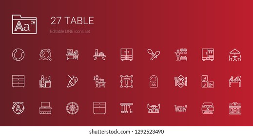 table icons set. Collection of table with furniture, newton, chest of drawers, roulette, cupboard, font, plate, room, text formatting, food and restaurant. Editable and scalable table icons.