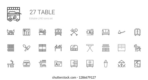 table icons set. Collection of table with shaker, closet, fonts, dressing room, cabinet, desk, crockery, iron table, food and restaurant, backgammon. Editable and scalable icons. table icons set. Collection of table with shaker, closet, fonts, dressing room, cabinet, desk, crockery, iron table, food and restaurant, backgammon. Editable and scalable icons.